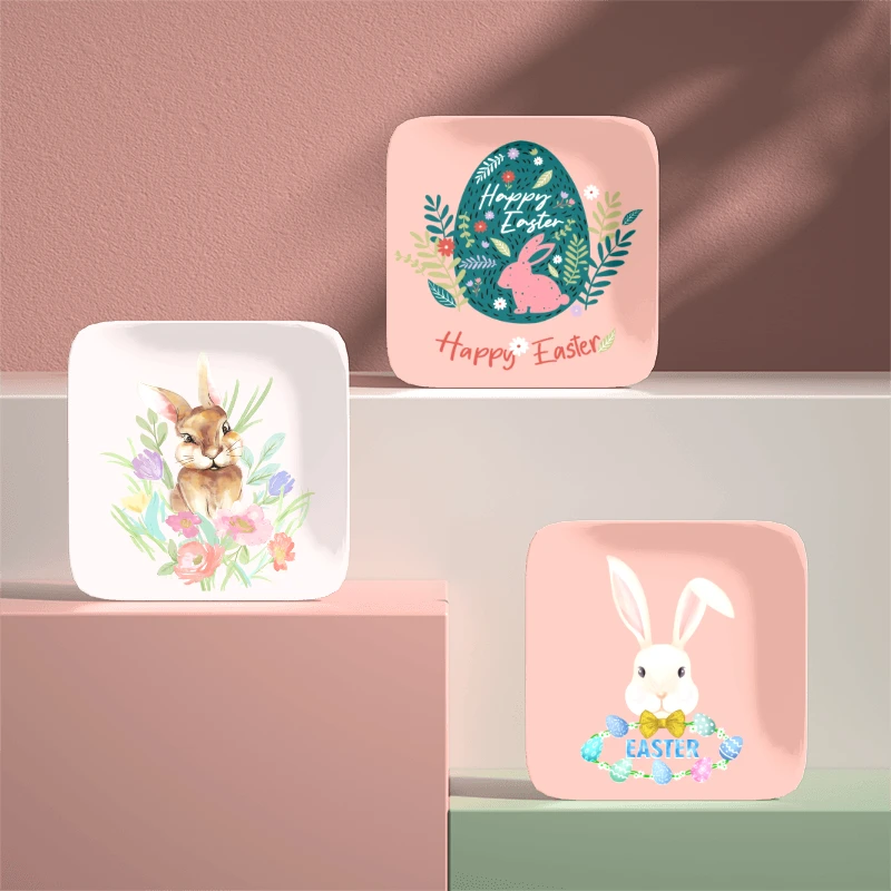 Nordic Style Round Square Egg Easter Ceramic Plates with Rabbit Holiday Dinnerware Porcelain Plates pink marble dish set