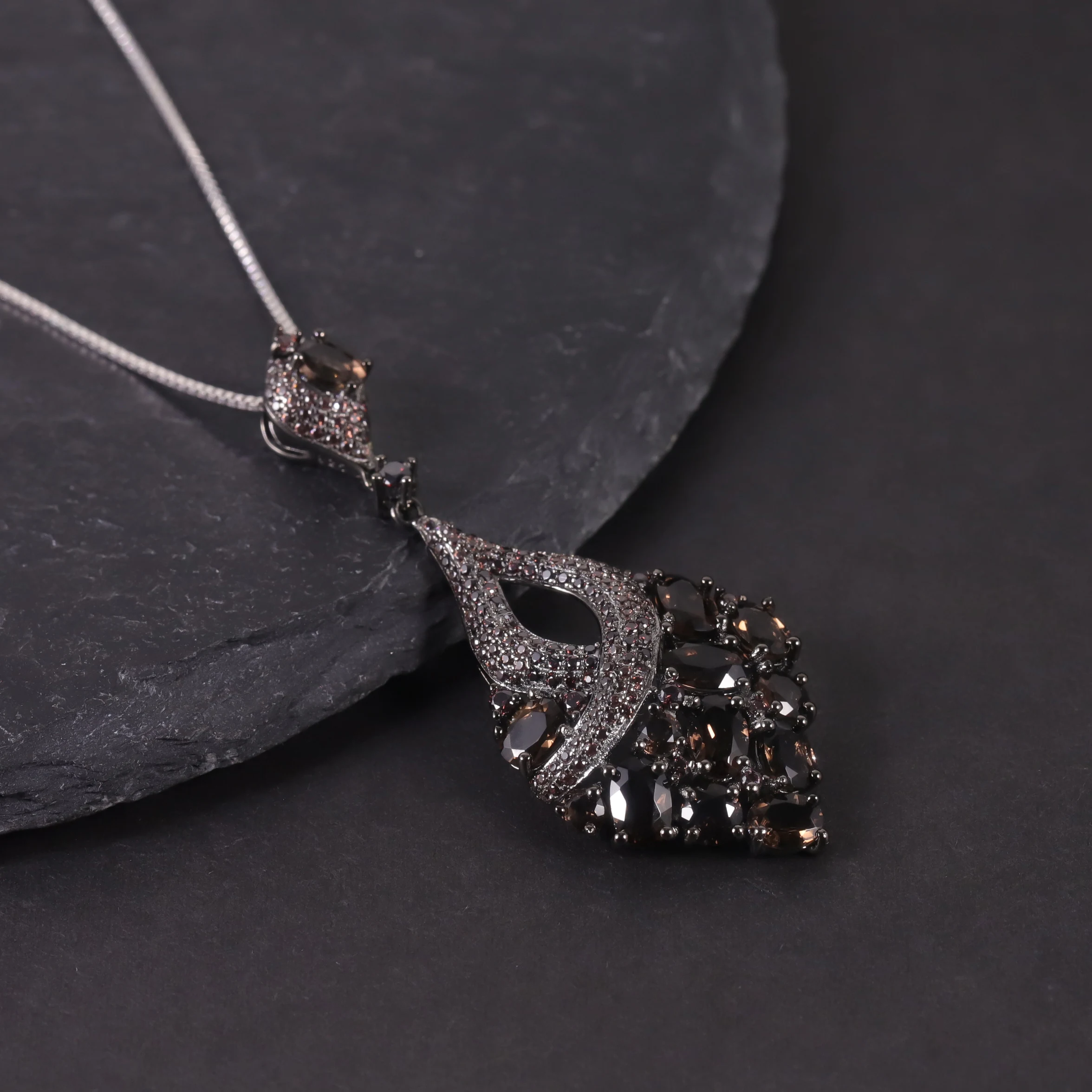 W0453 Excellent Finishing Jewelry Factory Low Cost Dark Color Black Gun Plated 925 Silver Natural Smoky Quartz Jewelry Sets