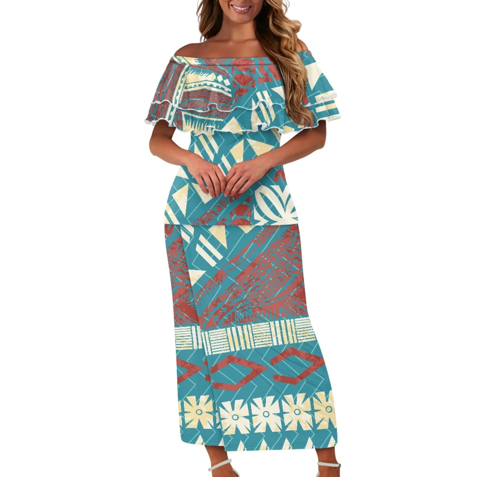Latest Polynesian Tribal Clothing Off Shoulder Samoan Puletasi Dresses For Women Custom Print Tapa Evening Puletasi Samoa Set