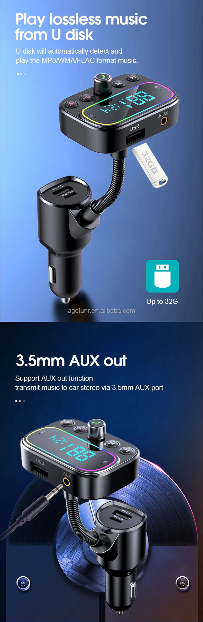 AGETUNR T67 BT V5.0 USB Type-c Handsfree Qc3.0 Fast Car Charger MP3 Player AUX Out Dual Mic Fm Transmitter Modulator for Car