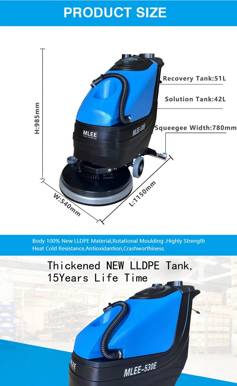 
MLEE-530E Electric Floor Scrubber Dryer Walk Behind 15M Cable Smart Cord Floor Cleaning Machine 