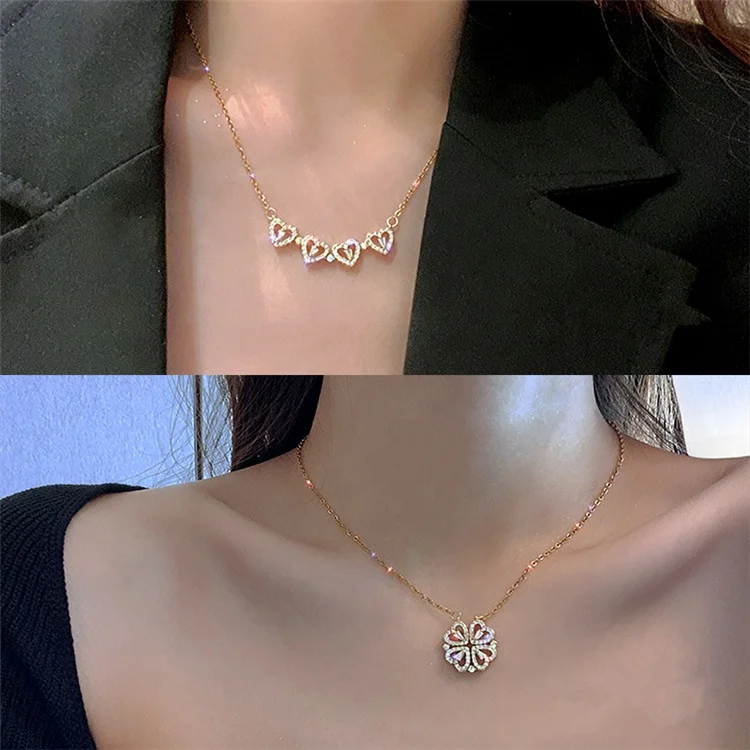 2022 Stainless Steel Inlaid Zircon Heart Shaped Four Leaf Clover Pendant Necklace Women Clavicle Chain Magnetic Charm Necklace