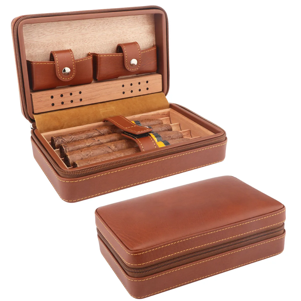 XiFei Manufacture Luxury Leather Travel Cigar Humidor Cedar Wood Lined 4 Holder Leather Cigar Case Humidor