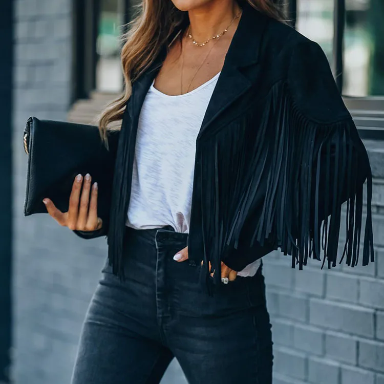 Женское пальто с длинными рукавами и бахромой с перекрестными краями, Приталенный топ