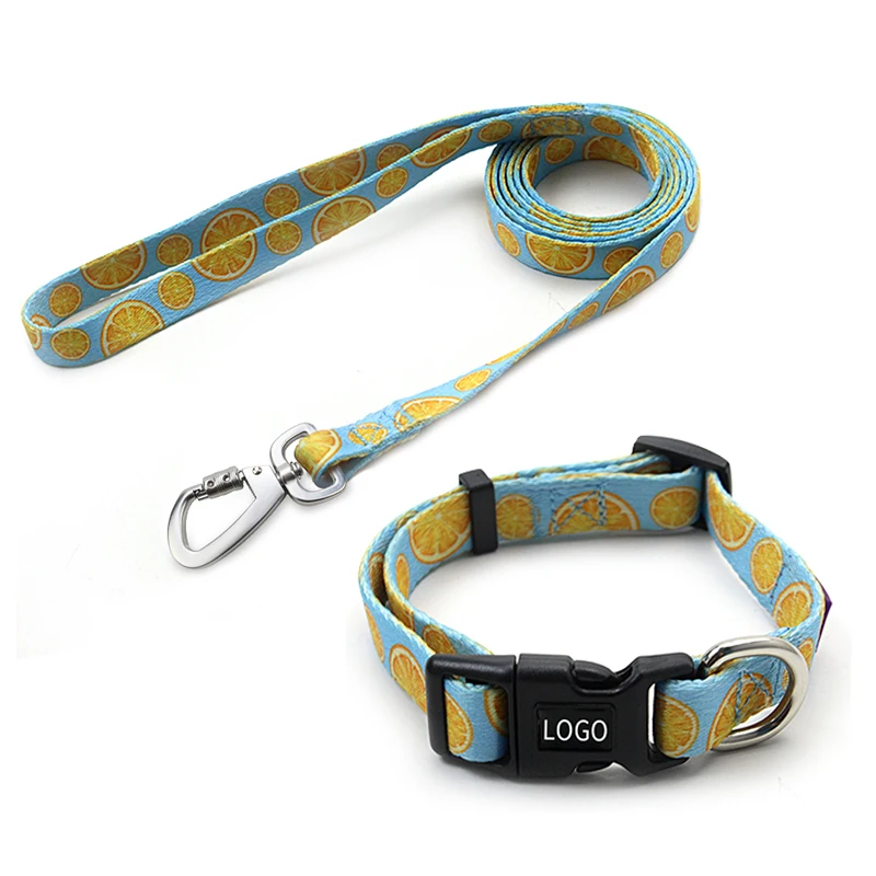 Customized pet products print dog collar leash with metal tag