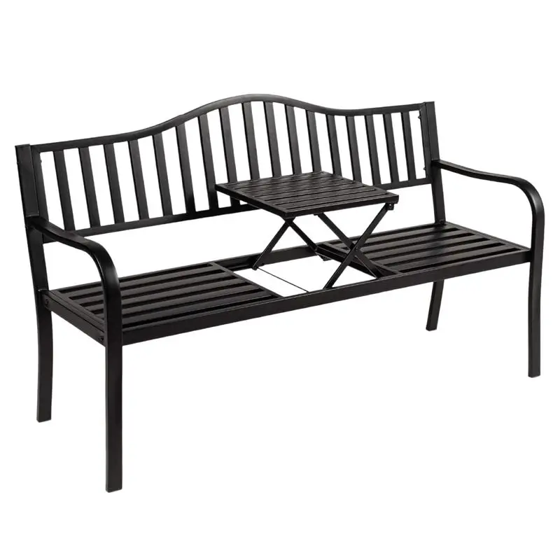 Outdoor Garden Bench with Pullout Middle Table, Double Seat Steel Metal for Patio, Porch, Backyard w/Weather- Resistant Frame