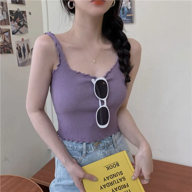 
Camisole Women Candy Colors Sweet Girls Tanks Cropped Tops Chic Popular New Arrival Ulzzang Ribbed Knitwear Female Casual Beach 