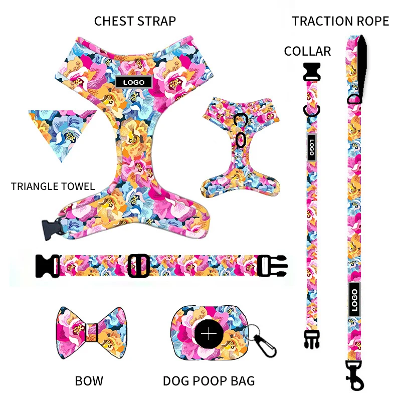 
2021 Luxury Designers Strap Step In Adjustable Custom Arnes para perros Printed pattern Mesh Tactical Dog Harness Set 