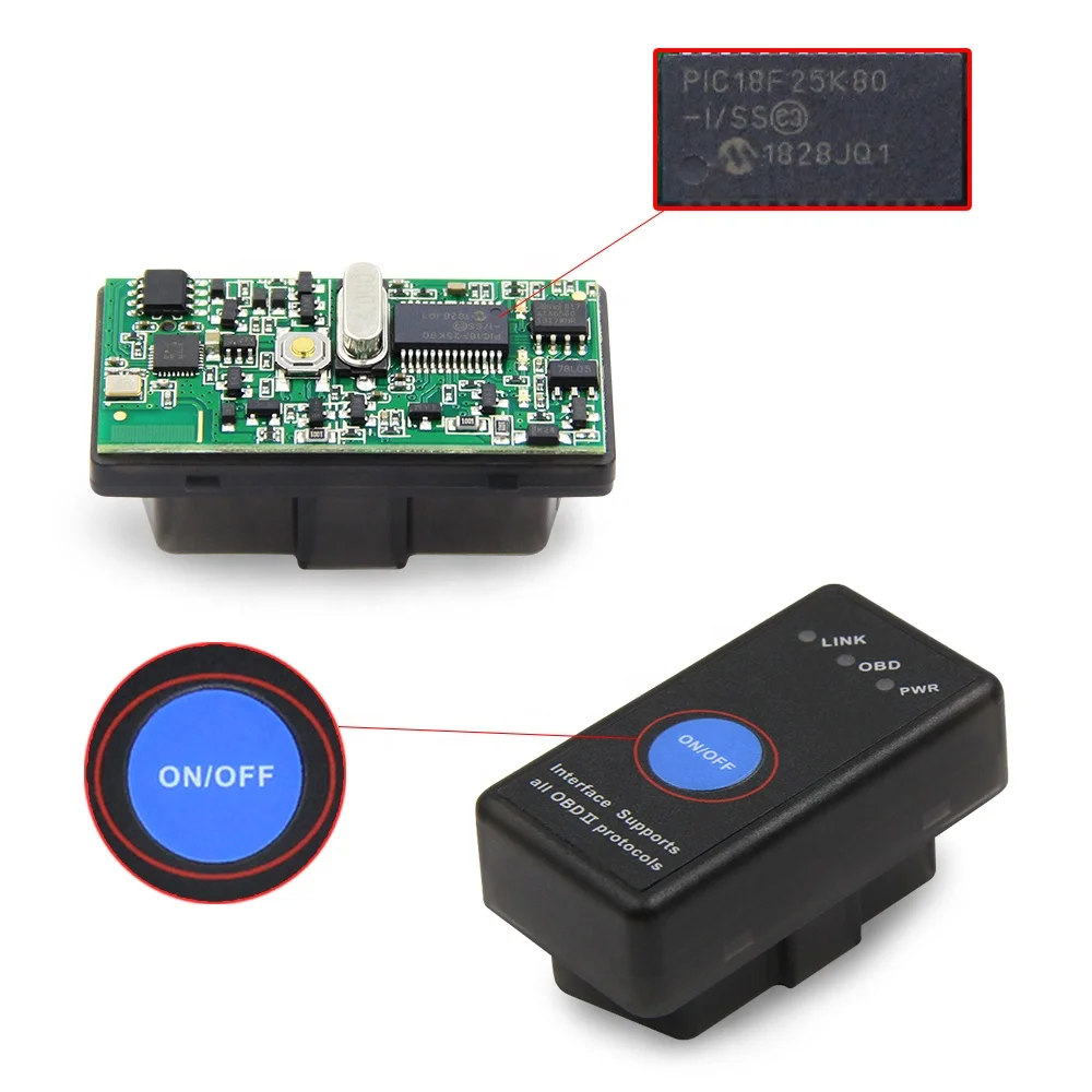 MINI ELM327 V1.5 PIC18F25K80 Chip With Switch Button OBD2 wireless connection Scanner Supports All OBD II Protocols