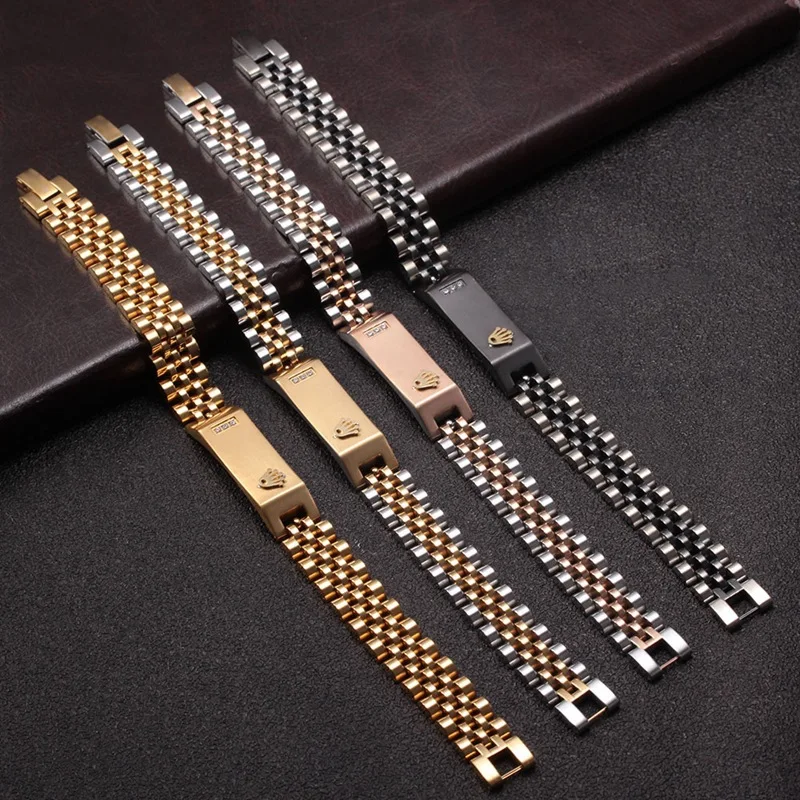 12mm Wide Gold Plated Adjustable Thick Watch Band Link Chain Wristband Fine Fashion Jewelry Bangles Bracelet Stainless Steel Men
