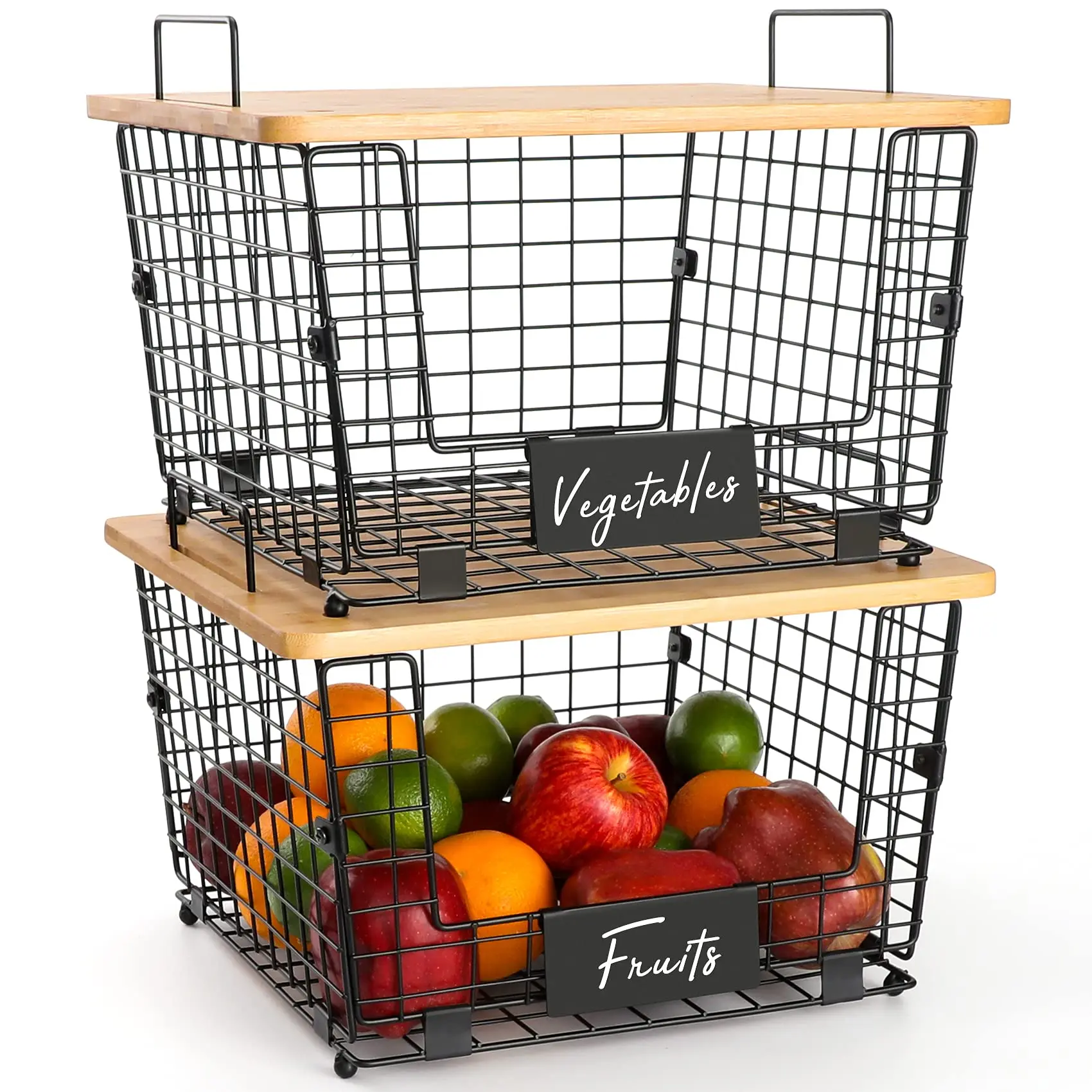 Stackable Kitchen Counter Basket with Bamboo Top Storage Wire Organizer Basket Cabinet Countertop Organizer for Fruit, Vegetable