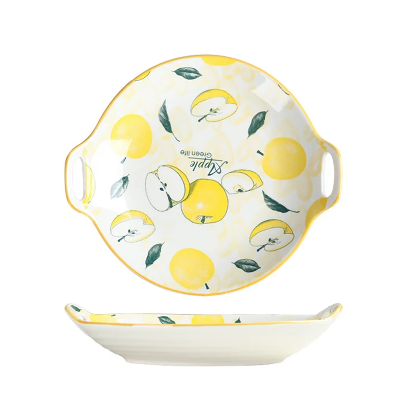 Creative Dinner Dish Ceramic Plate Tray with Handle Apple Pattern Cute Oven Baking Dinnerware Plate Dishes