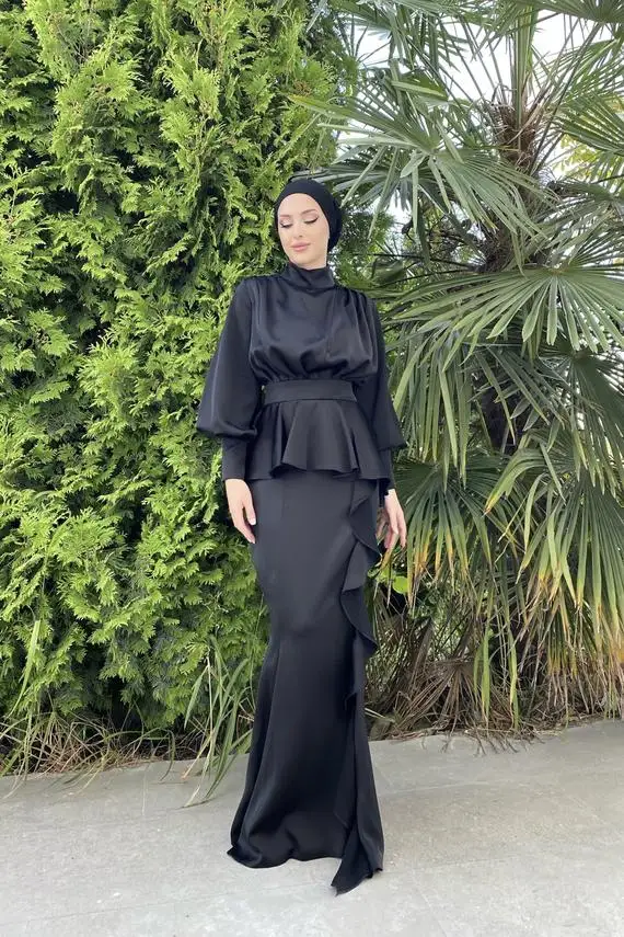 MOTIVE FORCE Boutique Clothing Women Muslim Dress Long Sleeve  Elegant Long Skirt Waist Muslim Women Formal Dress