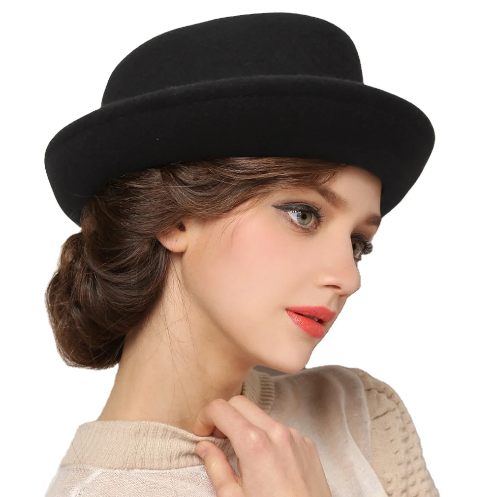 New 100% Wool Felt Trilby Pork Pie Hat Women Men Classical Solid Color Curved Brim Woolen Fedora Cap
