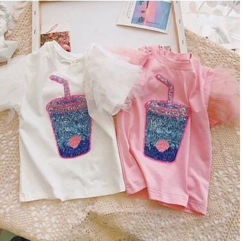 
2020 New Hot Sell Summer girls t shirt Baby tee kids tops Children fashion clothes milk cup bling sequins top tees 
