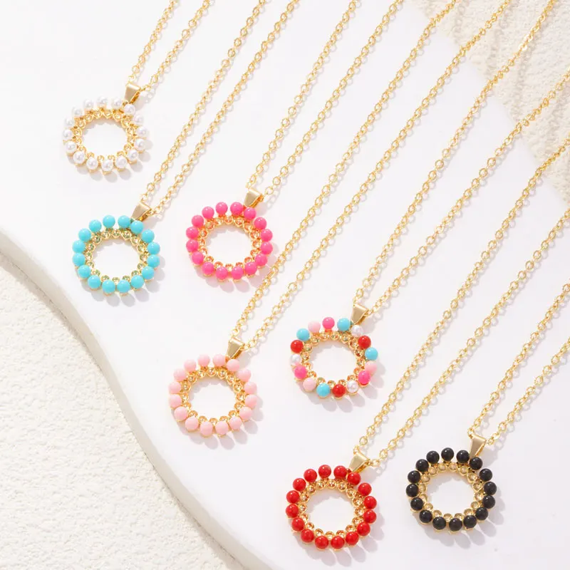 CDD Bohemian Retro Colorful Elegant Imitation Pearl Round Pendant Fashion Necklace for Women Girls