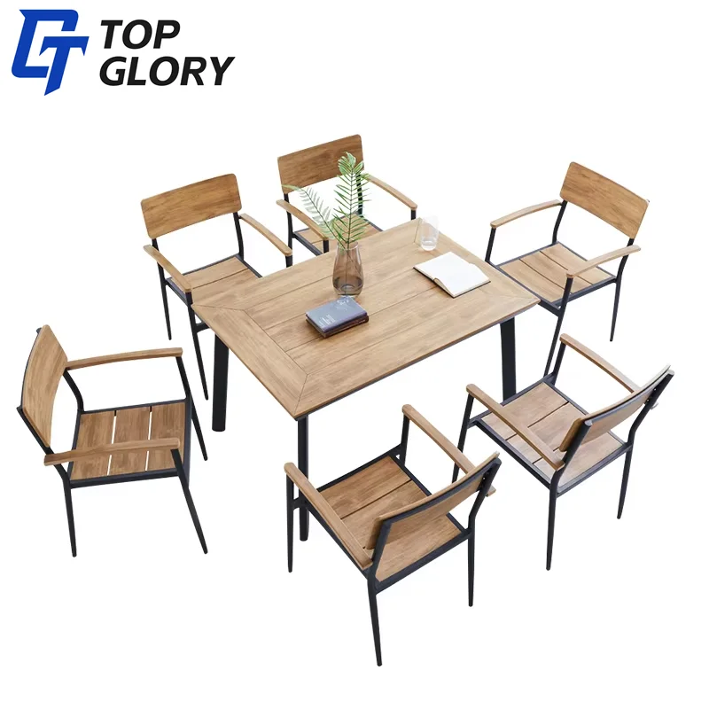 TG Modern Design Outdoor Garden Dining Set Waterproof Wood and Plastic Stack Chairs with a Colorful Wood Table
