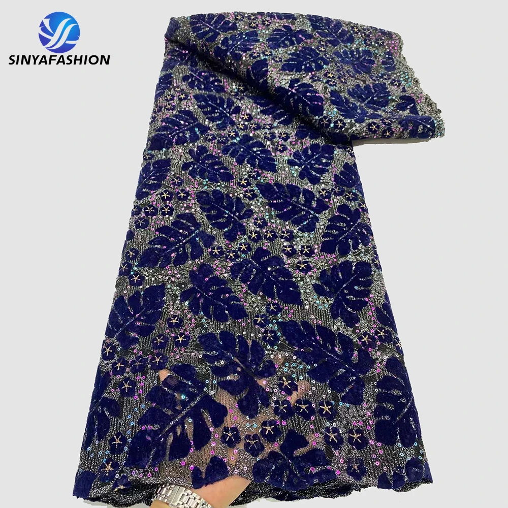 Beautiful Sinya New Style Leaf Design Velvet Sequins Lace Fabric Ladies Parry Velvet Embroidered Lace Fabric Sewing Dress