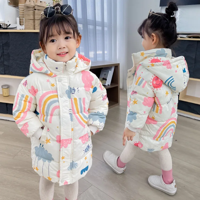 2024 New Girls Long Sleeve Rainbow Down Jacket Children Clothes Hooded Windbreaker Cotton Warm Outerwear Kids Winter Coat