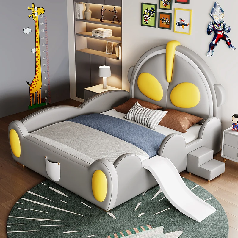 Ultraman single bed Solid wood with guardrail soft cover headboard slide Cartoon castle boy leather bed