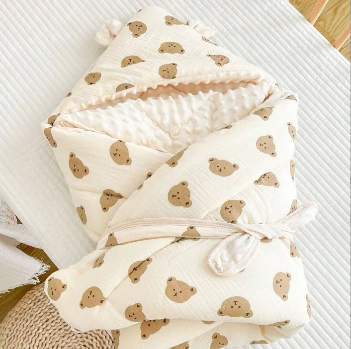 Stock Quick Delivery Mixed Patterns 100% Organic Cotton Hooded Towel Baby Wrap Blanket Nest Sleeping Bag Bear Fruit Pattern