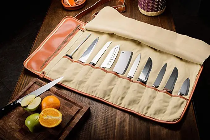 Chef Knife Roll Bag Carrying Case Holds 10 Knives  Leather Zipper for Culinary Tools  Knives Not Included