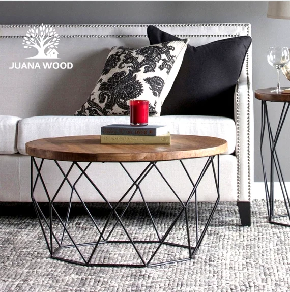 End table Modern Design Wooden Round Metal Structure Coffee Tea Table