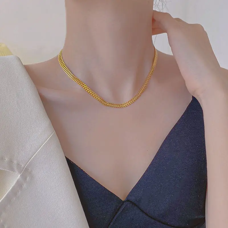 18K Gold Plated Link Chain Band Choker Necklace Retro Simple Double 18k Gold Plated Stainless Steel necklaces fashion jewelry