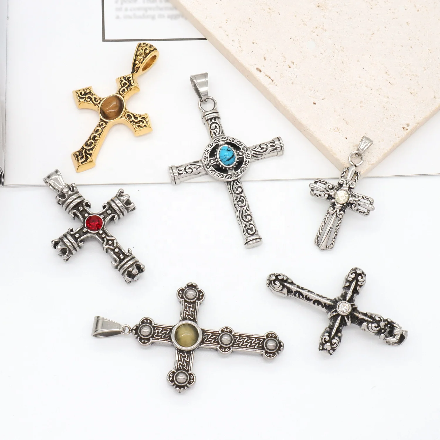 Custom Fashion Jewelry gold plated Prayer Crucifix necklace pendant charms DIY natural stone stainless steel cross Pendant