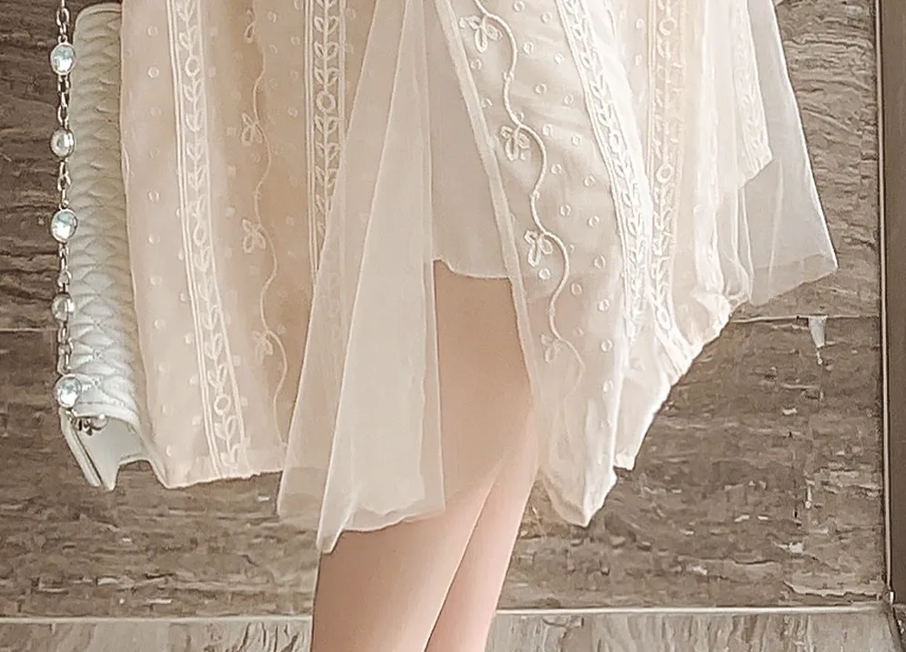 Beading Women Mesh Midi Dress Summer Apricot Sweet Tulle Chiffon Elegant Ruffle Sleeve Long Evening Dresses For 2022