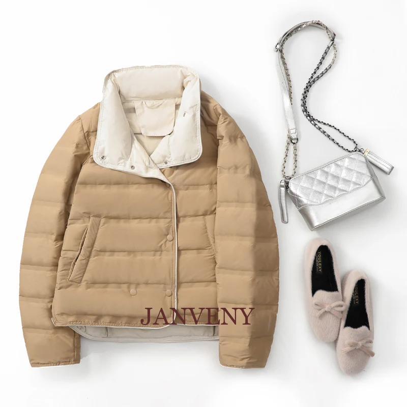 JANVENY Autumn Winter Fashion Ultra Light Women Short Slim Covered Button Big Size Windproof Puffer Jacket Casual Outwear