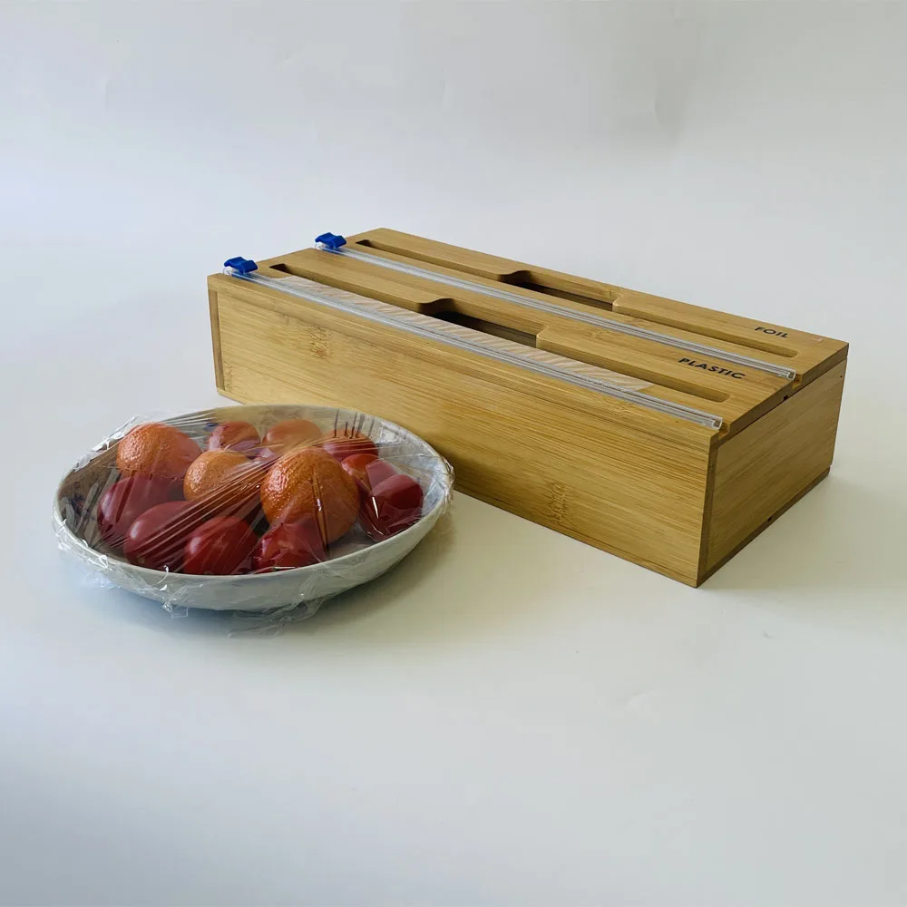 Kitchen accessories drawer wood bamboo roll organizer holder 2 in 1 foil and plastic wrap dispenser with cutter