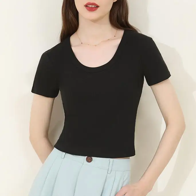 Wholesale Custom Casual Summer Short Sleeve Solid Color Black Slim Fit O-Neck Ribbed Oversized Crop Top T-Shirt For Women Cotton