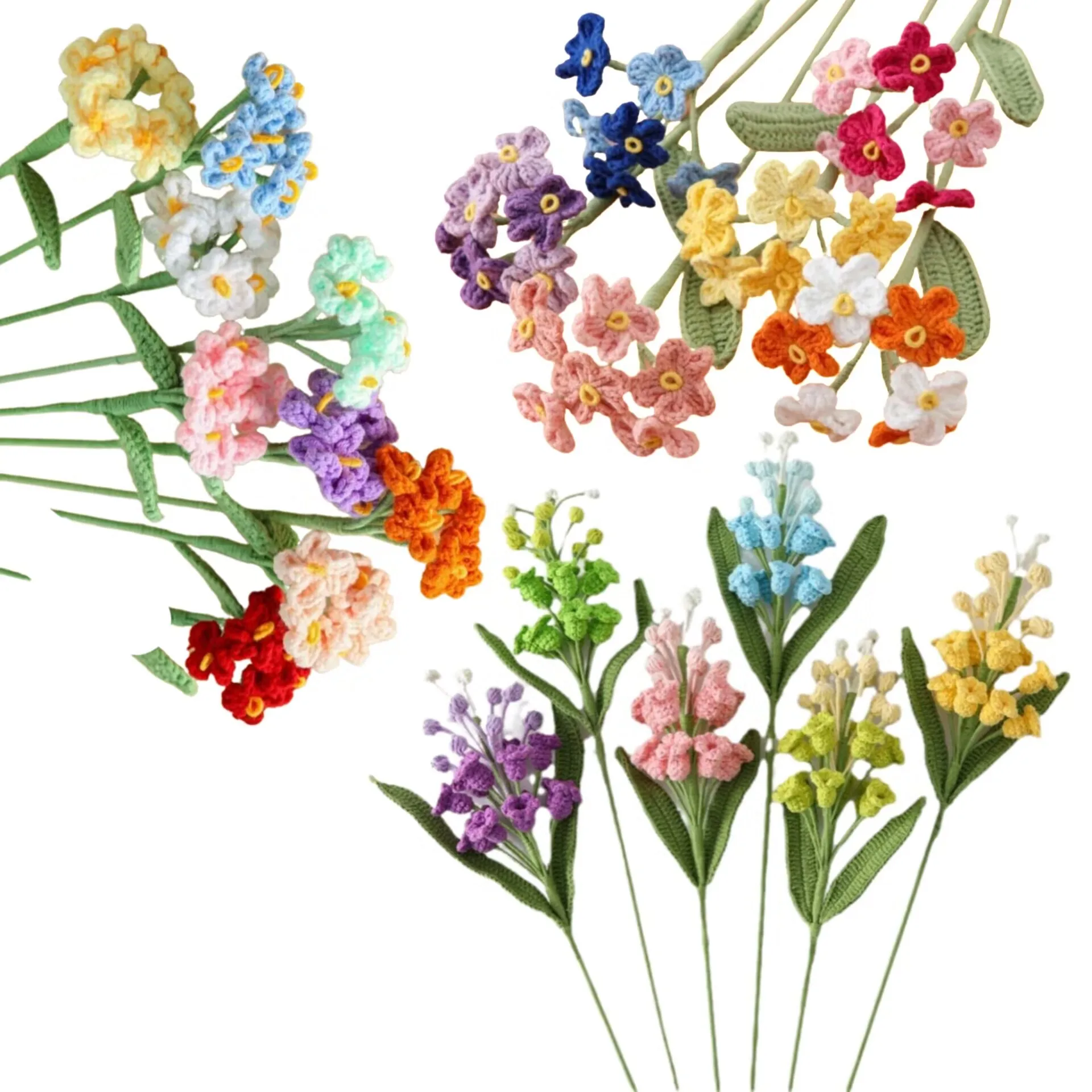 Multi Style Artificial Flower Wool Finished Products Crochet Single Flower Stem Forget me not Morning Glory Hand Knitted Flower