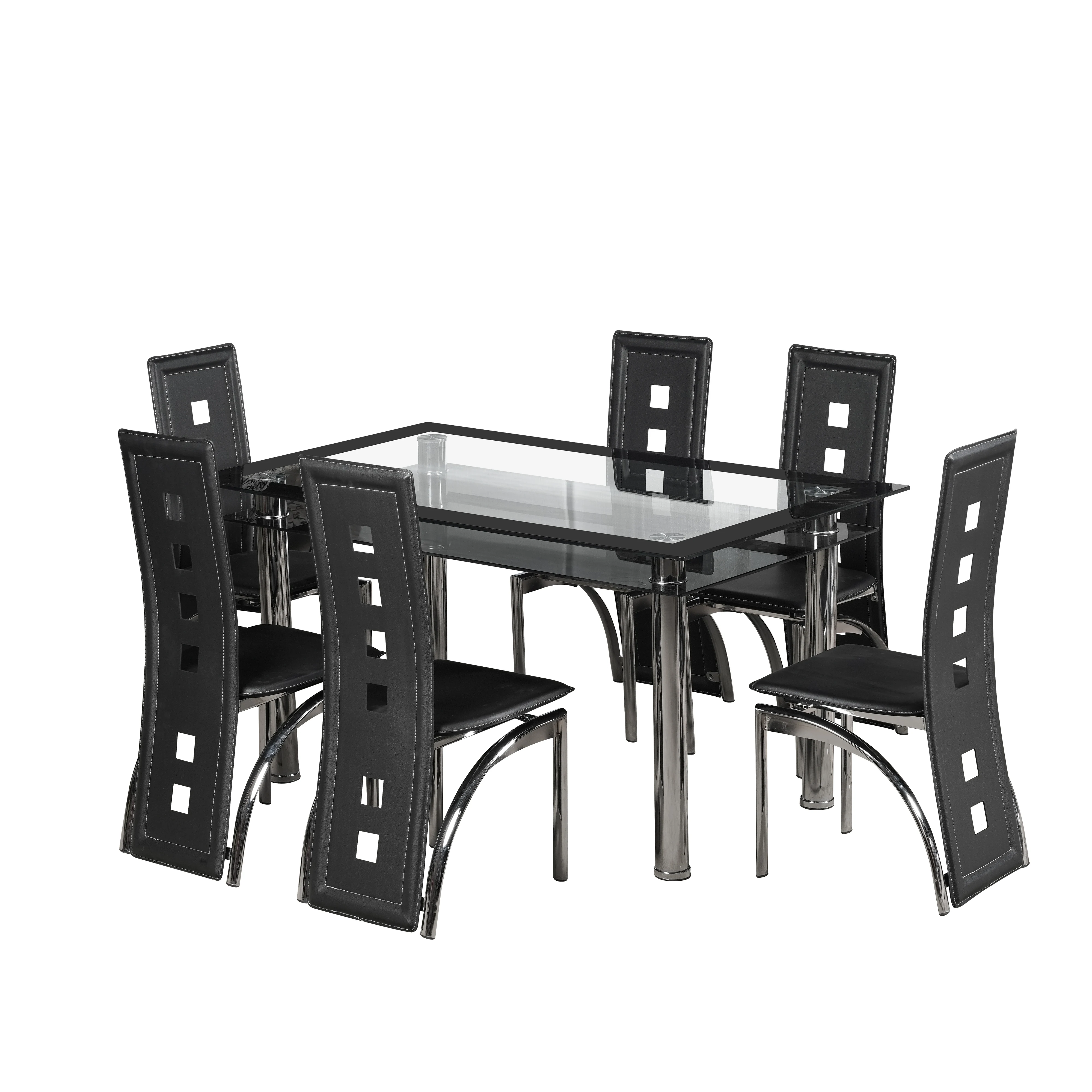 High Quality Two Level Tempered Glass with Chrome Metal Leg Dining Table Set 6 chairs For Dining Room Furniture