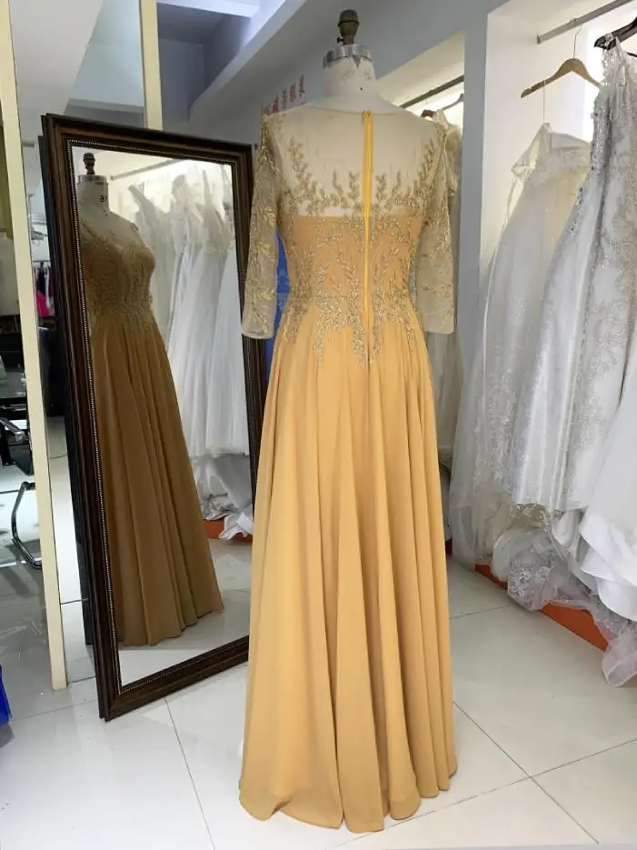 Mustard plus size Embroidery beading long sleeve full back chiffon A line skirt mother of the bride evening dresses for wedding