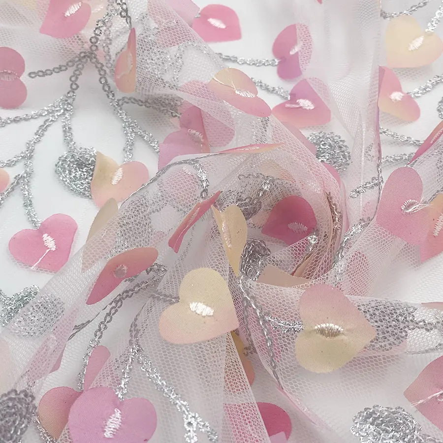 New design beautiful multicoloured laser 3D heart-shaped leaf argent powder sequins glitter tulle mesh embroidery fabrics