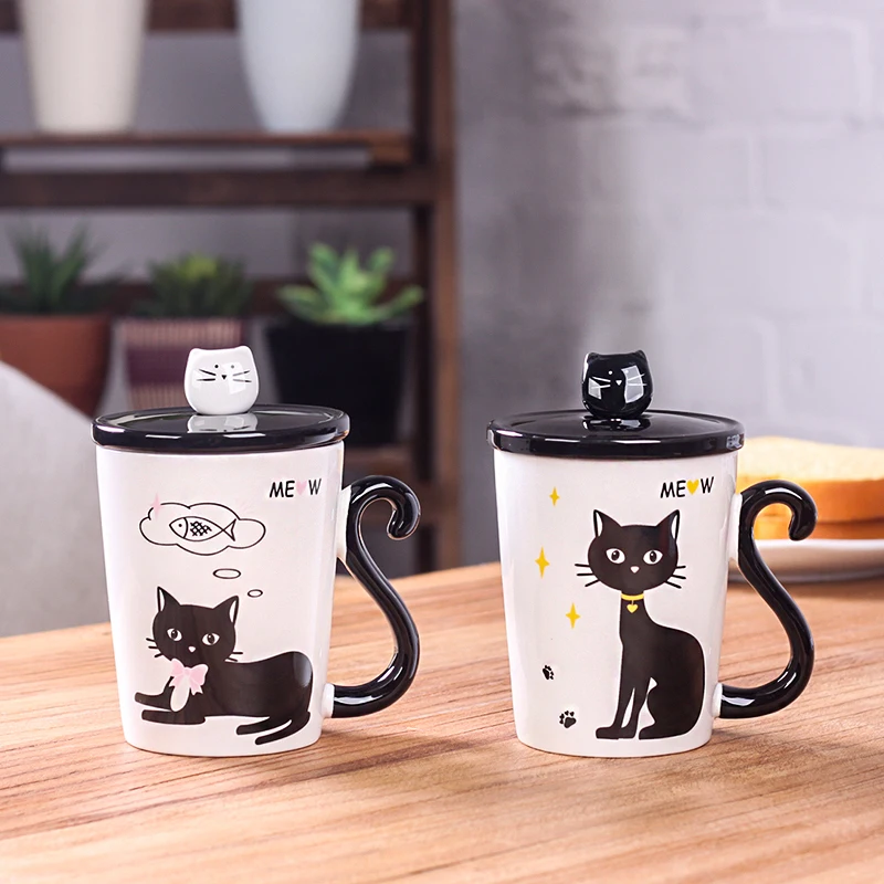 Factory Wholesale Creative Cartoon Cat Tail Handle Milk Ceramic Cup Animal Advertising Promotion Mug With Lid