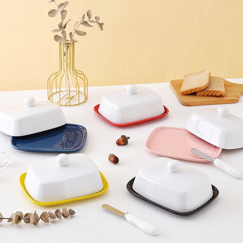 Amazon Hotsales MOQ 200 custom rectangle white ceramic porcelain butter dish with lid