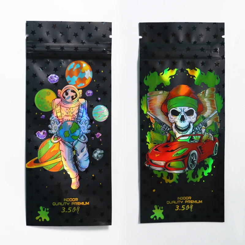 Custom Heat Seal Food Grade 3.5g Smell Proof 3 Side Seal Child proof Ziplock Plastic Packaging Leaf Mylar Tobacco Pouch Bag