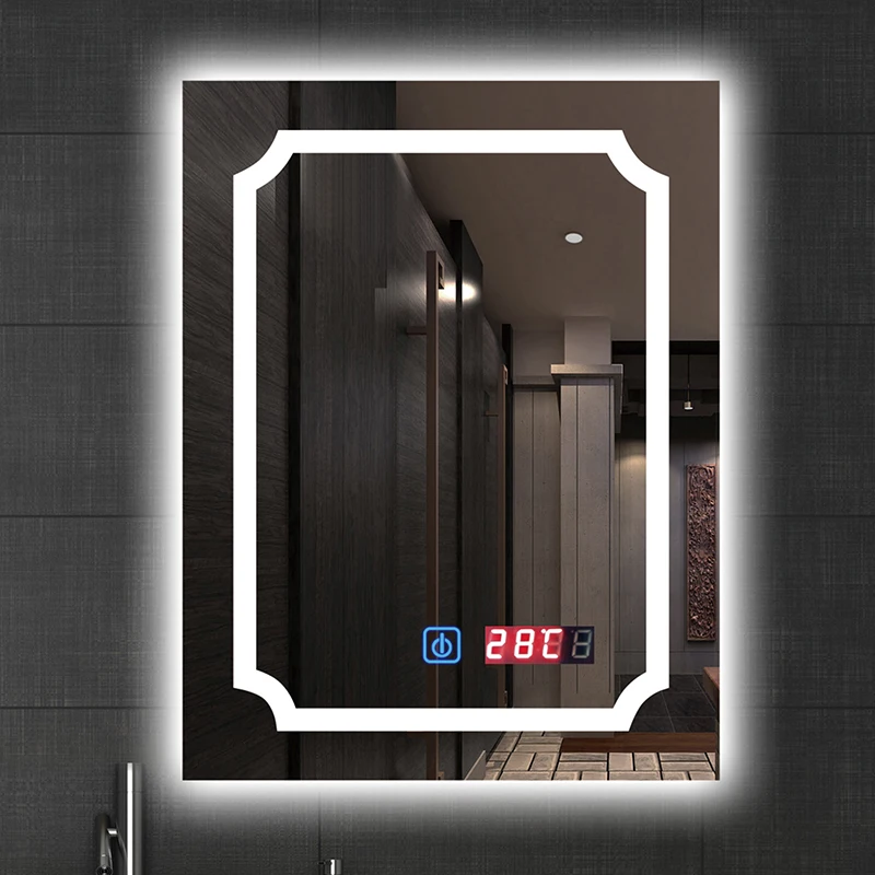 Rectangle Modern Bathroom Wall Mounted Anti-Fog Smart Led Light Mirror With Time Display