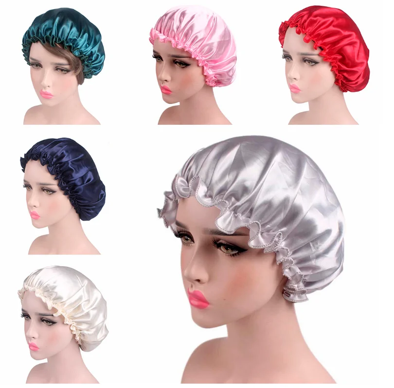 Hair Satin Bonnet For Sleeping Shower Cap Silk Bonnet Bonnet Femme Women Night Sleep Cap Head Cover Wide Elastic Band