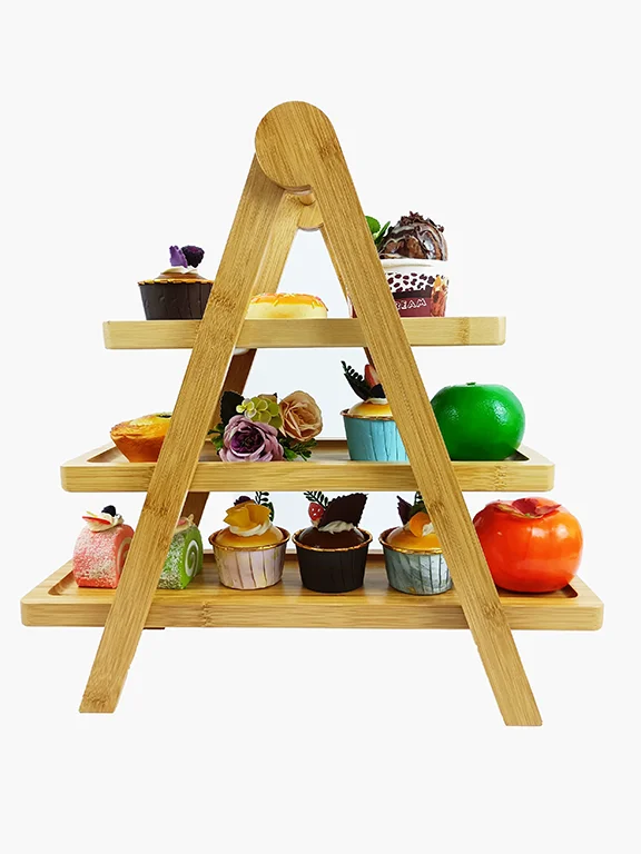 Customized Farmhouse Cake Ladder Tray 3 Tier Serving Tray Stand Restaurant Wood Plate Foldable Bamboo Kitchen Accessories Passed