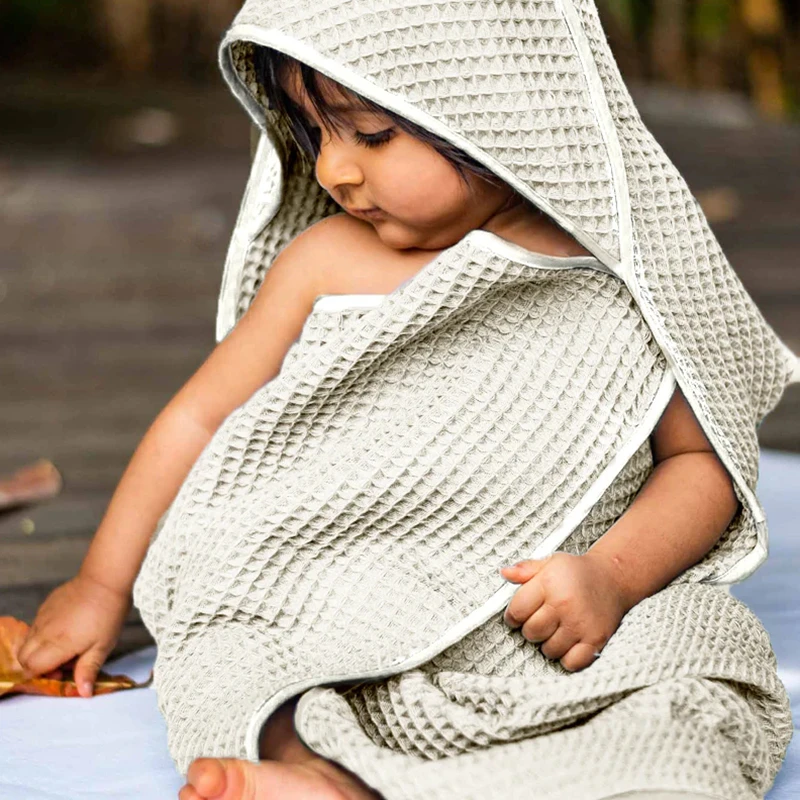 High Quality Organic Cotton Towel Stock Color Waffle Hooded Kids Baby Hooded Bath Towel