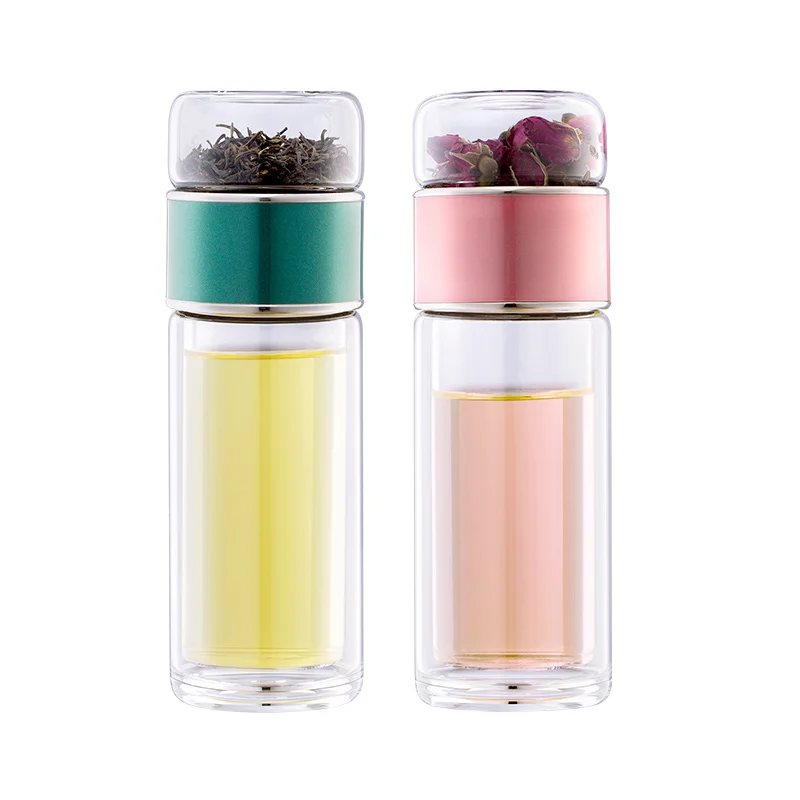 Wholesale portable hot double wall thermos insulated glass tea infuser bottle tumblers cup vacuum flask custom print with cup