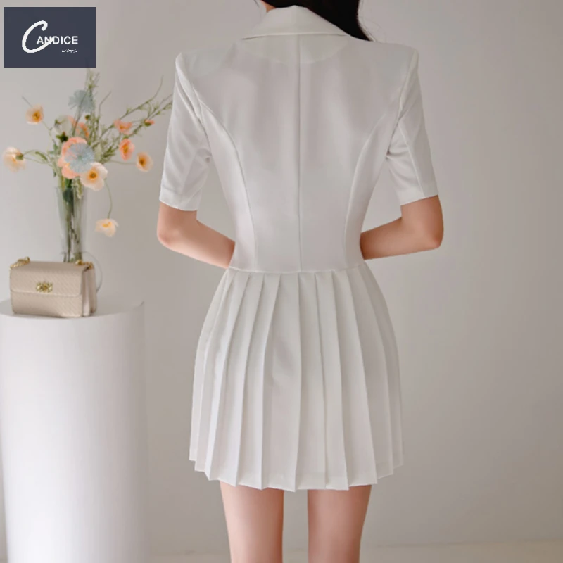 Candice 2023  Korean Suit Collar Double breasted Pleated Professional formal dress blazer womans office dress for ladies