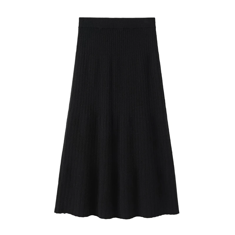 Newest Elegant A-Line Pleated Rib Knitted Cashmere Skirt Solid Design with Natural Waist Sustainable Woolen Yarn Dyed Fabric