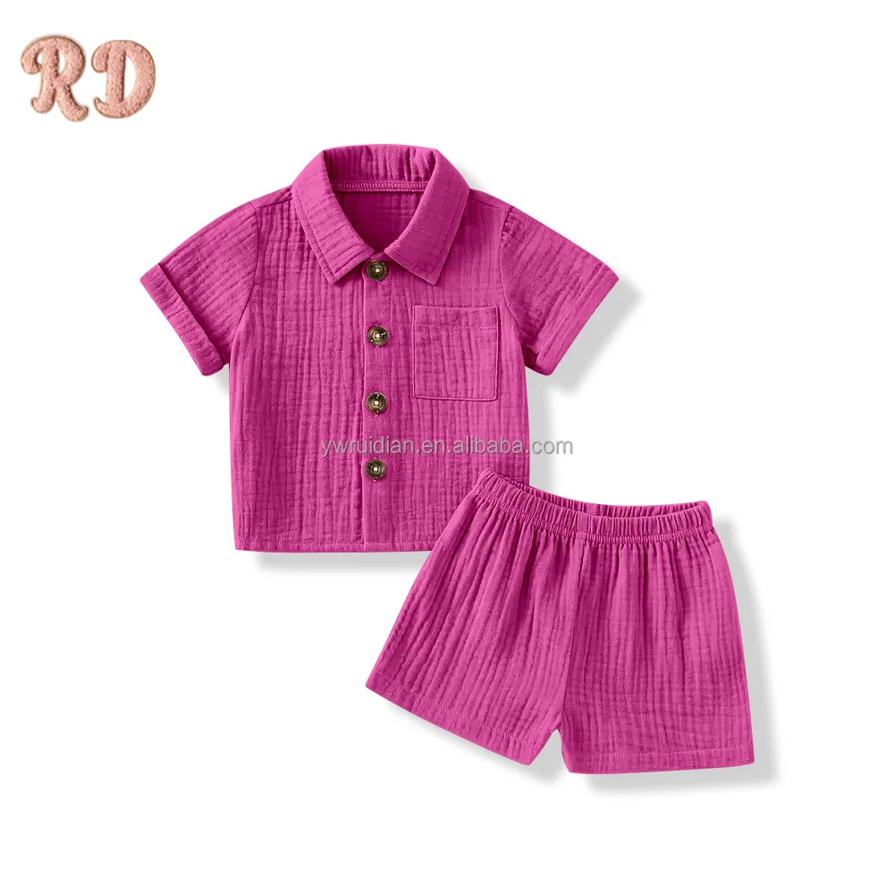Yiwu Ruidian Kids Custom Wholesale High Quality Cotton Muslin Breathable Cotton Linen Shirt Sets Toddler Boys Clothing Girls Set