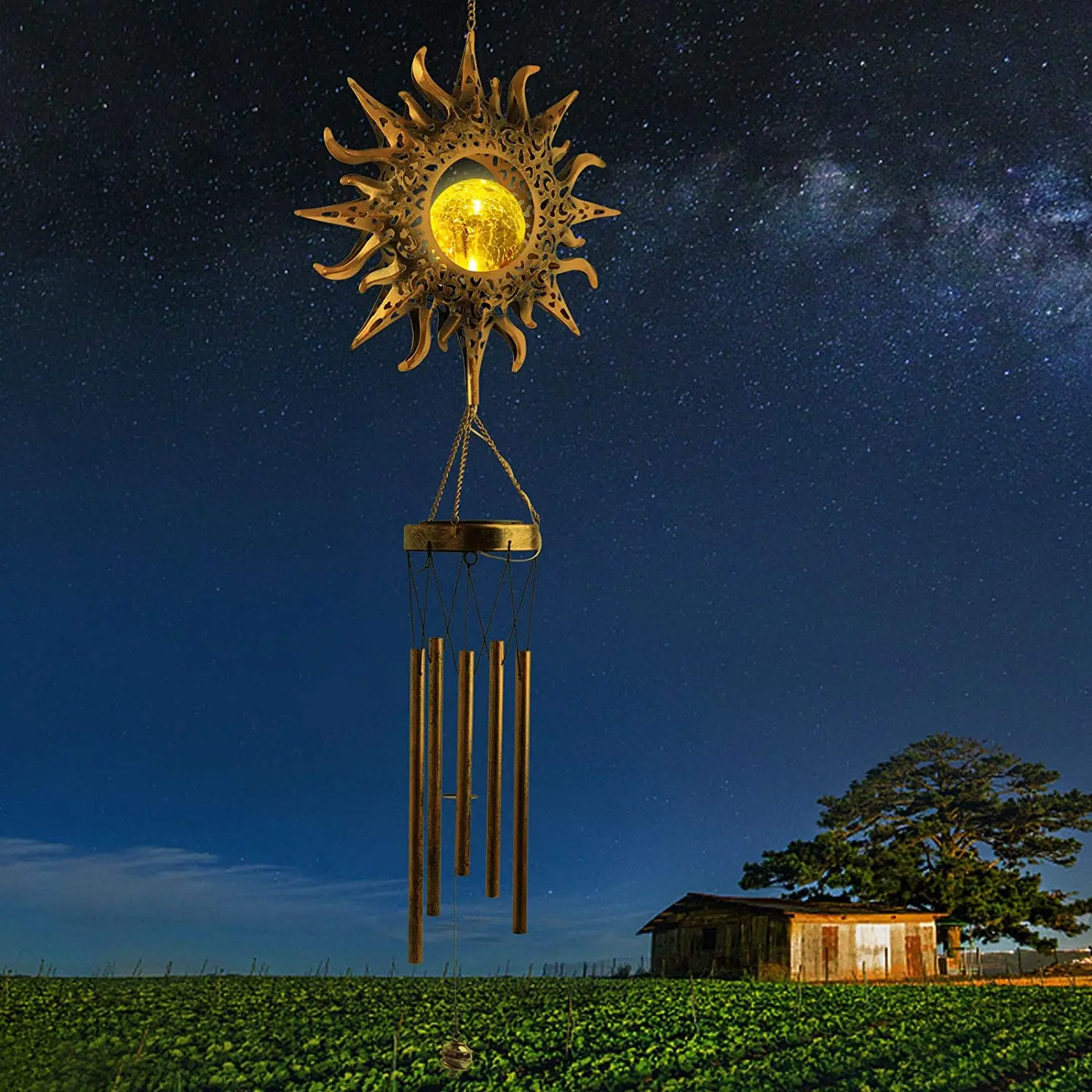 Solar Light Outdoor Decor Crack Led Light Hanging Sun Outdoor Hanging Waterproof Lamp Solar Stars Shape Wind Chime Light