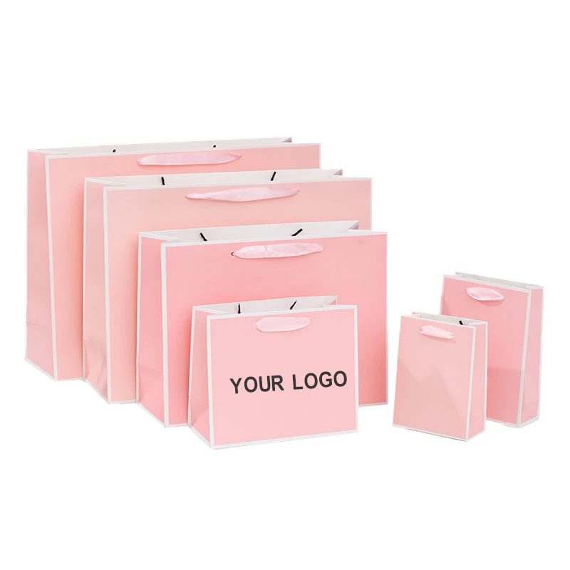 Custom logo pink gift bag glossy clothes branded retail shopping paper bags with rope handles